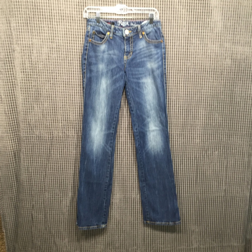 Rock 47 Wrangler Womens Straight Leg Embellished‎ Jeans 7/8x36 Blue